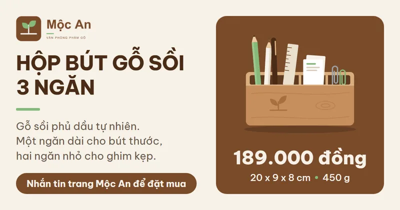 Ảnh quảng cáo mẫu hộp bút gỗ sồi 3 ngăn của thương hiệu mẫu Mộc An